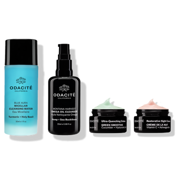Odacité Day & Night Fundamentals set with blue micellar water, black cleanser spray, and two creams in travel-size bottles.