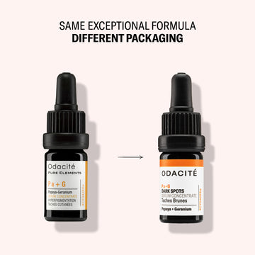 Two Odacite Pa+G Serum Concentrates side by side with different packaging, both labeled Papaya + Geranium.