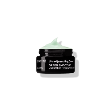 Black jar of Odacité Green Smoothie® Ultra-Quenching Crème with swirled light green cream, labeled cucumber & hyaluronic acid.