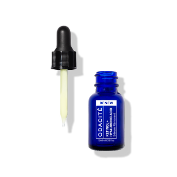 Odacité Renewing Serum • Retinol + Hyaluronic Acid in a blue dropper bottle with pale yellow serum in the dropper.