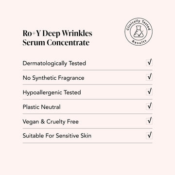 Odacite Ro+Y Deep Wrinkles Serum in glass dropper bottle, labeled as vegan, hypoallergenic, and dermatologically tested.