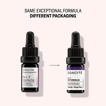 Two bottles of Odacité Ro+Y Deep Wrinkles Serum side by side, showing old and new packaging designs.