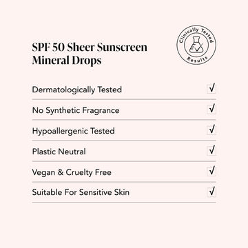 Odacité Mineral Drops SPF 50 in a small bottle with dropper, labeled vegan, hypoallergenic, contains niacinamide and green tea.