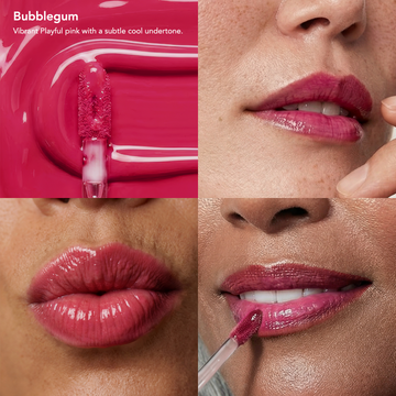 Odacité SPF 40 Nourishing Lip Serum Trio in Bubblegum pink with applicator, close-up of pink glossy lips, and serum texture.