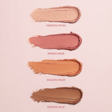 Odacité SPF 50 Color Balm in four shades: Frosted Petal (pink), Sienna Rose (rose), Golden Hour (gold), Bronze Jolie (bronze).