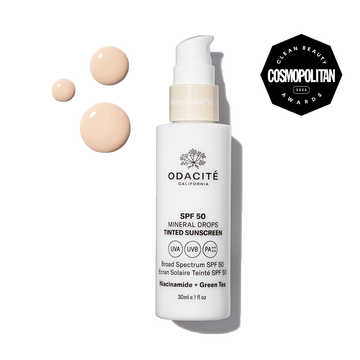 Odacité SPF 50 Tinted Mineral Drops bottle with label showing Niacinamide and Green Tea, offering tinted mineral sunscreen.