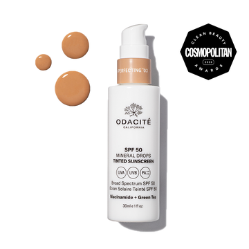 Odacité SPF 50 Tinted Mineral Drops Flex-Perfecting sunscreen in a labeled bottle, features niacinamide and green tea.