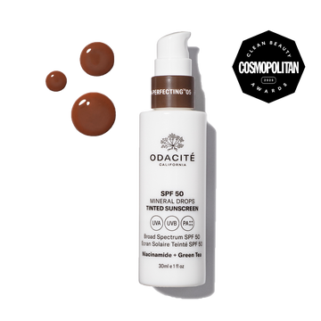 Odacité SPF 50 Tinted Mineral Drops with niacinamide and green tea in a liquid formula for complexion-correcting coverage.