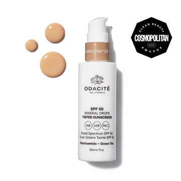 Odacité SPF 50 Tinted Mineral Drops bottle with label; includes Niacinamide and Green Tea; Cosmopolitan Clean Beauty winner.