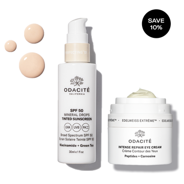 Odacité Anti Aging Eye & Sun Defense Duo: SPF 50 tinted mineral drops and eye cream shown with swatches on a light background.