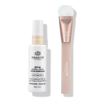 Odacité SPF Tinted Mineral Drops and Brush Duo shown against a white background, featuring dropper bottle and applicator brush.