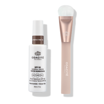 Odacité SPF Tinted Mineral Drops & Brush Duo with complexion-correcting liquid and a rose gold brush with white bristles.