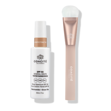 Odacité SPF Tinted Mineral Drops & Brush Duo with color-adapting pigments set against a plain white background.