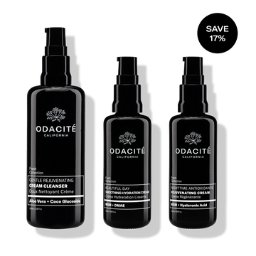Odacite Sensitive Skin Routine Set with three black bottles; text notes 17% savings. For sensitive skin.