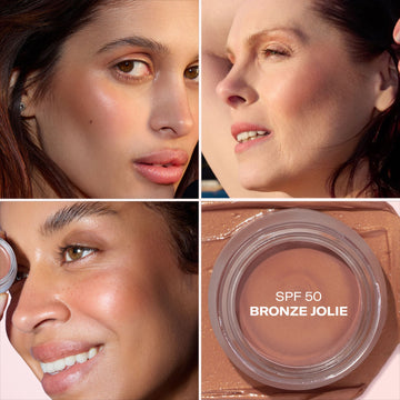 Three women with radiant skin wear Odacité SPF 50 Color Balm, a tinted mineral sunscreen visible as smooth color on their cheeks.