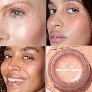 Four women of different backgrounds wear Odacité SPF 50 Color Balm & Brush Duo with shimmery pink highlighter, set against pink backdrop.