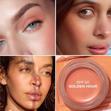 Three women wear Odacité SPF 50 Color Balm in peachy cream blush; includes a close-up of the mineral sun protection product.