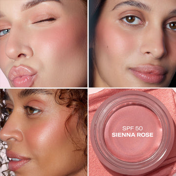 Three women each apply Odacité SPF 50 Color Balm, showing a rosy blush shade on their cheeks.