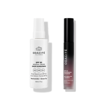 Odacité Advanced Daily SPF Protection Duo with Mineral Drops SPF 50 and Lip Serum in labeled bottles side by side.