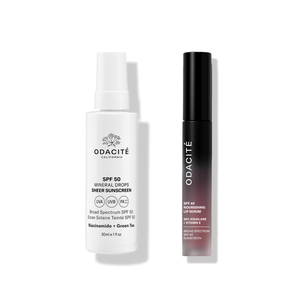 Odacité Advanced Daily SPF Protection Duo with Mineral Drops SPF 50 and Lip Serum in labeled bottles side by side.
