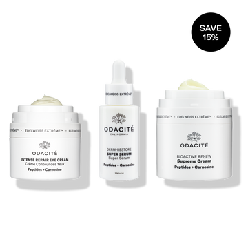 Odacité Edelweiss Extrême Skin Barrier Set with three skincare products and a 15% off label on the packaging.
