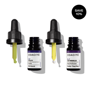 Odacite Smooth + Glow Mature Skin Duo, two skincare bottles labeled for vitality and deep wrinkles, with save 10% text.