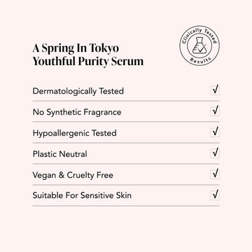 Odacite Youthful Purity Serum, A Spring in Tokyo variant, shown with packaging. Label lists 6 features and notes clinically tested.