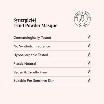 Benefits table for Odacite Synergie[4] Probiotics + Fruit Acids 4-IN-1 Powder Masque, all boxes checked, Clinically Tested badge shown.