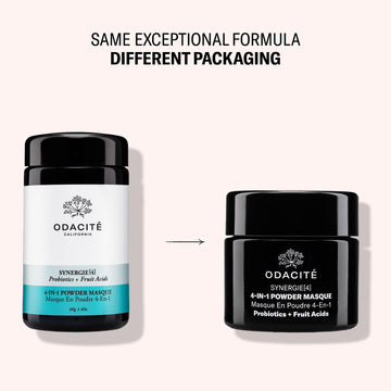 Two black jars of Odacité Synergie[4] 4-IN-1 Powder Masque side by side, displaying updated packaging design.