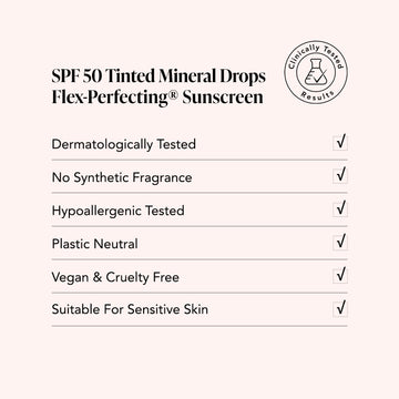 Odacité SPF 50 Tinted Mineral Drops chart with checkmarks for complexion-correcting and Flex-Perfecting benefits.