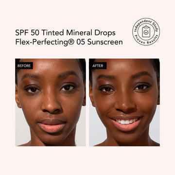 Before and after comparison of a woman's face with SPF 50 Tinted Mineral Drops Flex-Perfecting 05 Sunscreen.