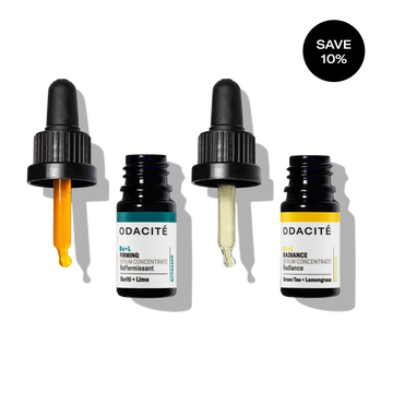 Odacité Tone + Glow Mature Skin Duo, two dropper bottles with colorful serums, Save 10% label in top right corner.