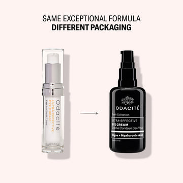 Odacité Ultra Effective Eye Cream bottles: one clear, one black, both labeled Algae + Hyaluronic Acid.
