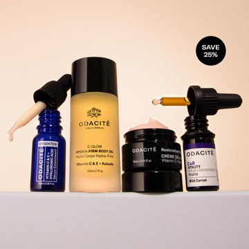 Odacité Vitamin C Glow Set with three dropper bottles, one cream jar, and a “Save 25%” text bubble.