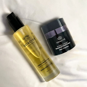 Odacité Vitamin C & Retinol Targeted Body Essentials set on a light background, showing bottles and tubes with clear labels.