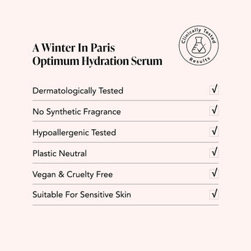Chart lists Optimum Hydration • A Winter in Paris by Odacite as firming, elastic, vegan, and dermatologically tested. All boxes checked.