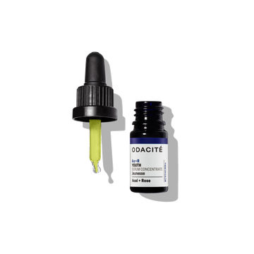 Dropper with yellow serum next to an open Odacite Skin Glow Serum Set, showing bottles and packaging.