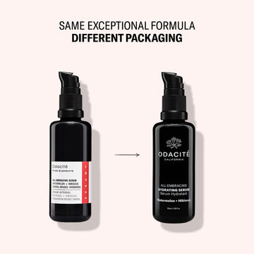 Two black bottles of Odacite All-Embracing Watermelon + Hibiscus Facial Oil with updated product labels.