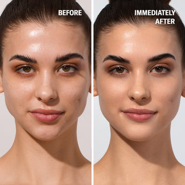 Split view of a woman’s face before and after using Odacité Anti-aging Dream Duo SPF 50 + Retinol; right side is smoother.