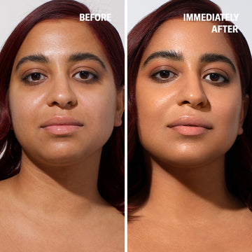 Left: matte skin. Right: radiant skin after applying Odacité Anti-aging Dream Duo SPF 50 + Retinol—before and after comparison.
