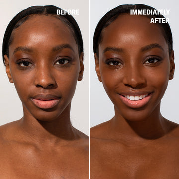 Two photos compare a woman’s skin before and after Odacité Anti-aging Dream Duo SPF 50 + Retinol, showing increased radiance.
