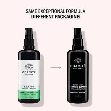 Two Odacité Black Mint • Charcoal + Rhassoul Clarifying Cleanser bottles with old and new packaging side by side.