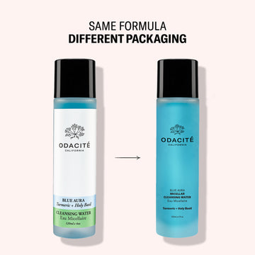 Odacité Blue Aura • Turmeric + Holy Basil Micellar Cleansing Water shown in both old and new packaging, same no-rinse formula.