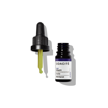 Odacité Skin Glow Serum Set with a glass dropper, showing yellow-green liquid in a clear bottle on a plain background.