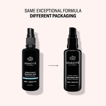 Two Odacite Hydra-Purify • Mint + Green Tea Treatment Mists in new packaging with different pump tops, for breakout-prone skin.