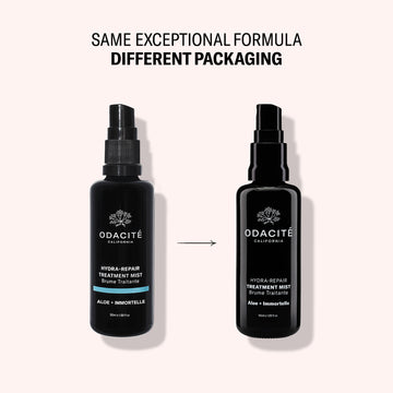 Two black bottles of Odacite Hydra-Repair • Aloe + Immortelle Treatment Mist side by side, separated by an arrow.