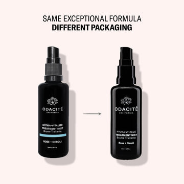 Two black bottles of Odacite Hydra-Vitalize • Rose + Neroli Treatment Mist side by side, separated by a right-facing arrow.