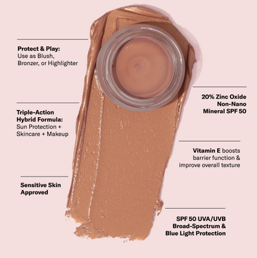 Odacité SPF 50 Color Balm in a compact stick, labeled with mineral sunscreen and vitamin E; used as blush, bronzer, or highlighter.