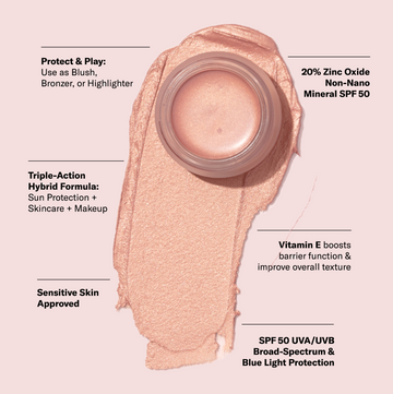 Odacité SPF 50 Color Balm open on a swatch, displaying its shimmery blush shade and creamy texture in stick packaging.