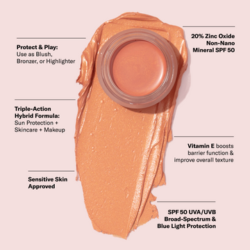 Odacité SPF 50 Color Balm in peach; creamy texture, mineral SPF, visible stick packaging labeled for sensitive skin.